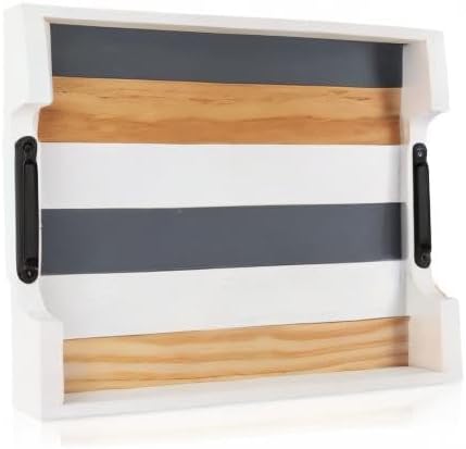 Wood Serving Tray with Metal Handle for Ottoman, Modern Rectangle Coffee Table Tray for Food Eating, White Decorative Tray, Size 17''x13'', Multicolor
