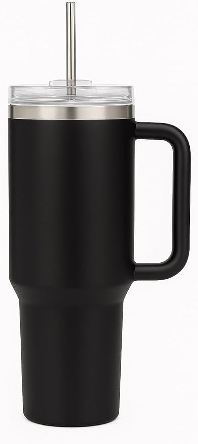 40oz Stainless Steel Tumbler with Handle & Metal Straw – Insulated Double Wall Travel Mug with Lid, Large Coffee Cup for Hot & Cold Drinks, Fits Car Cup Holders