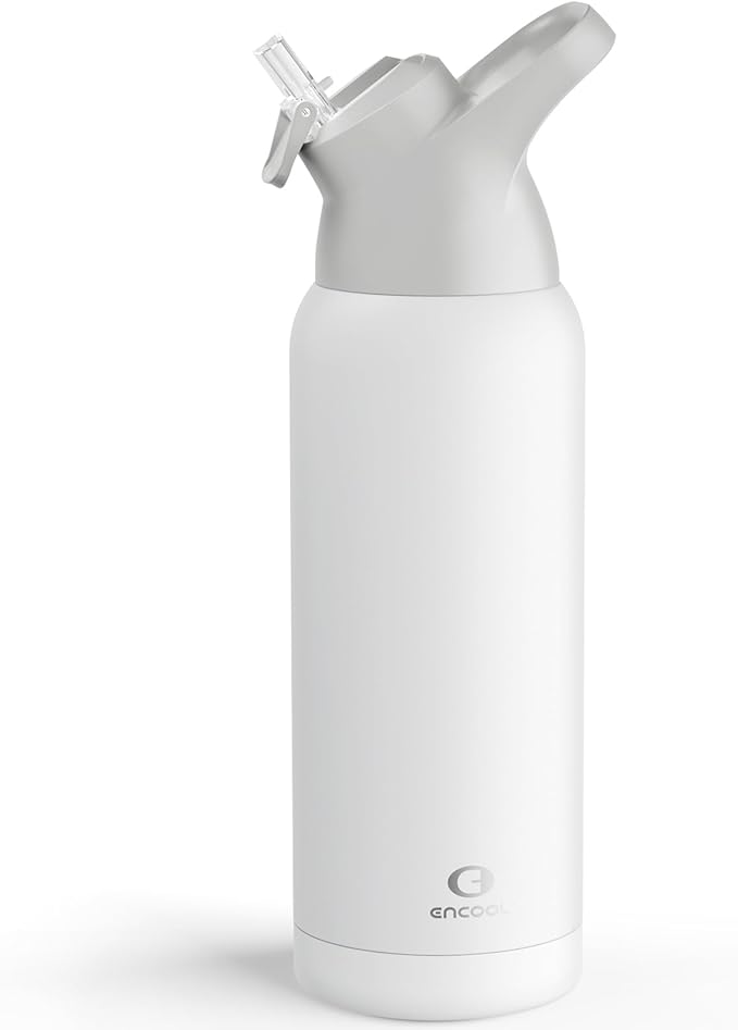 Insulated Water Bottle with Straw - Encool Stainless Steel Water Bottle, Reusable Leakproof and BPA-Free for Sports, Travel, Cold for 24 Hours, 32 oz, Snowflake