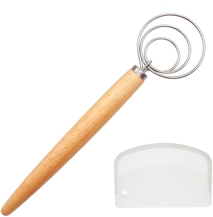 Danish Dough Whisk with Dough Scraper 10" Dutch Bread Whisk Bread Mixer Stainless Steel Dutch Bread Dough Whisk with Wooden Handle Dutch Whisk Baking Tools for Sourdough, Pizza, Pastry, Cake