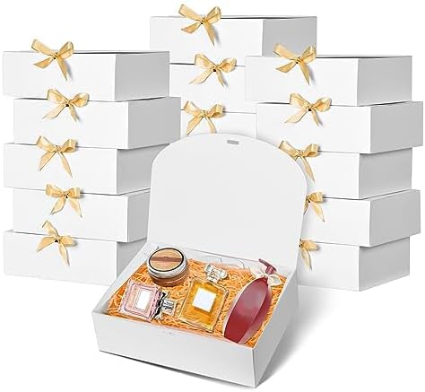 Elegant 12Pack White Gift Boxes with Lids, 12x9.8x3.1 Inch, Ribbon, Wedding, Birthday, Party, Christmas, Bridesmaid Proposal Box