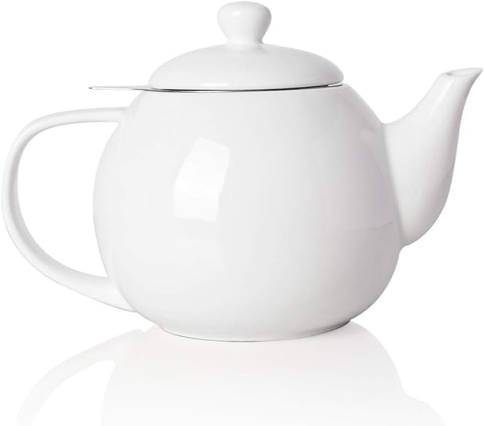 Sweejar Porcelain Teapot with Removable Stainless Steel Infuser,Microwave & Dishwasher Safe Tea Pots for Loose Tea,Tea Infuser Pots for Chrismas Women Gift (30oz White)