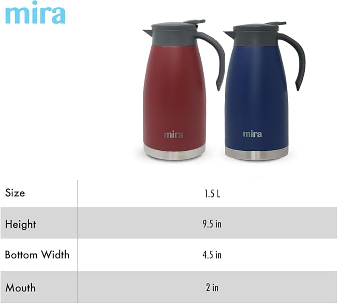 MIRA Stainless Steel Thermal Coffee Carafe, Double Wall Insulated Vacuum Flask, Tea, Water, and Coffee Dispenser, 1.5 Liter / 50oz, Black