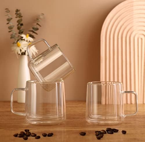 CNGLASS 12oz Glass Coffee Mugs,Double Wall Insulated Glass Cups with Handle,Clear Espresso Mugs for Latte,Cappuccino,Tea Bag,Set of 4