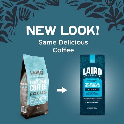 Laird Superfood Focus Coffee, Medium Roast Ground Coffee Infused with Functional Mushrooms and Botanical Adaptogens, 12 oz. Bag (Pack of 2)