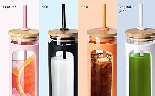 Kodrine 20oz Glass Tumbler with Straw and Lid, Iced Coffee Cups with Bamboo Lids, Glass Cups for Cold Drinks, Smoothie Cup with Silicone Sleeve for Travel, Work, BPA FREE-Brown