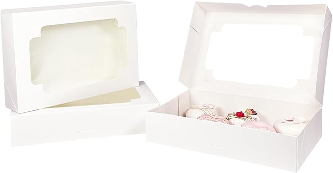 qiqee Auto-pop up 12x8x2.5 inch White Cookie Box with Window 15 Packs Two Uses One Second Folding Pastry Biscuit Bakery Box for Packaging