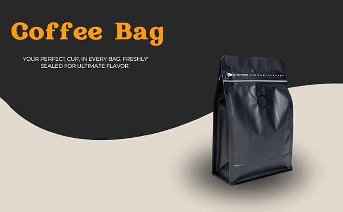 Premium Coffee Bags with Valve (100 pcs, 16 oz) Standing Coffee Beans Storage Bags, Reusable Heat Sealable Side Zipper Pouches, Eco-Friendly Packaging, Perfect for Home and Office - Black