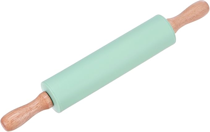HARFINGTON Silicone Rolling Pins for Baking 12.2 Inch Non-Stick Silicone Surface Wooden Handle Rolling Pin Small Roller Playdough Rolling Pins for Fondant Kitchen Dough Pizza, Green