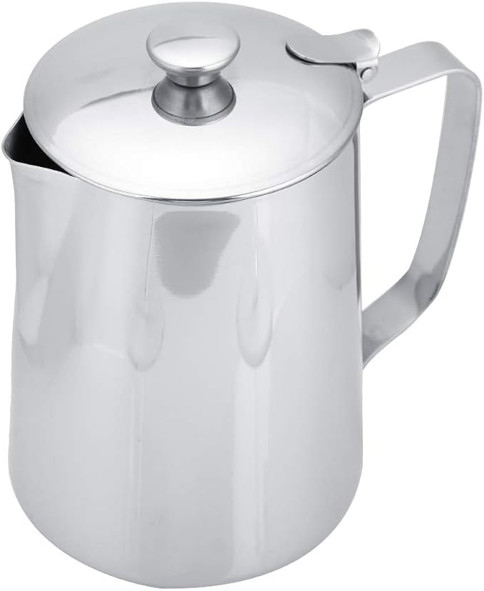 Stainless Steel Milk Frothing Pitcher, Stainless Steel Coffee Cup Mug Milk Frothing Pitcher Jug with Lid for Latte Coffee Art for Office Kitchen with handle(1000ML)