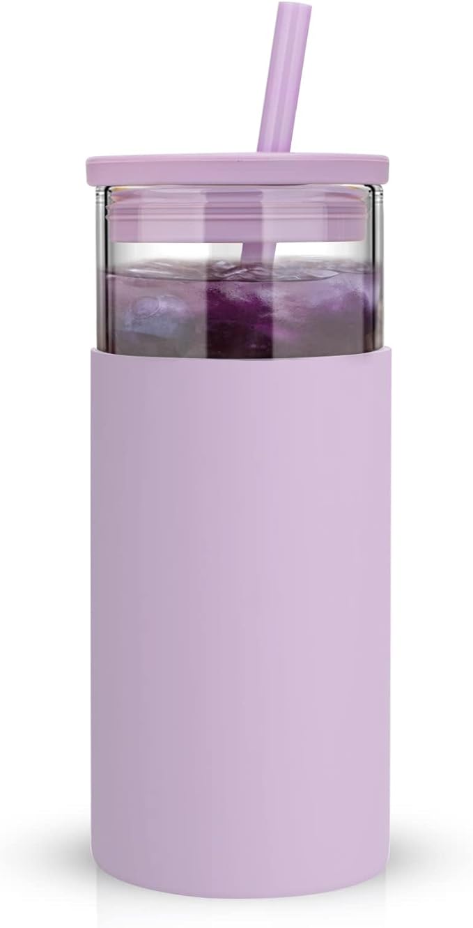 Tronco 20 oz Glass Tumbler With Lids and Straws, Reusable Smoothie Cups With Silicone Lid, Iced Coffee Cup With Silicone Protective Sleeve, Dishwasher Safe- BPA Free（Light Purple 1 Count）