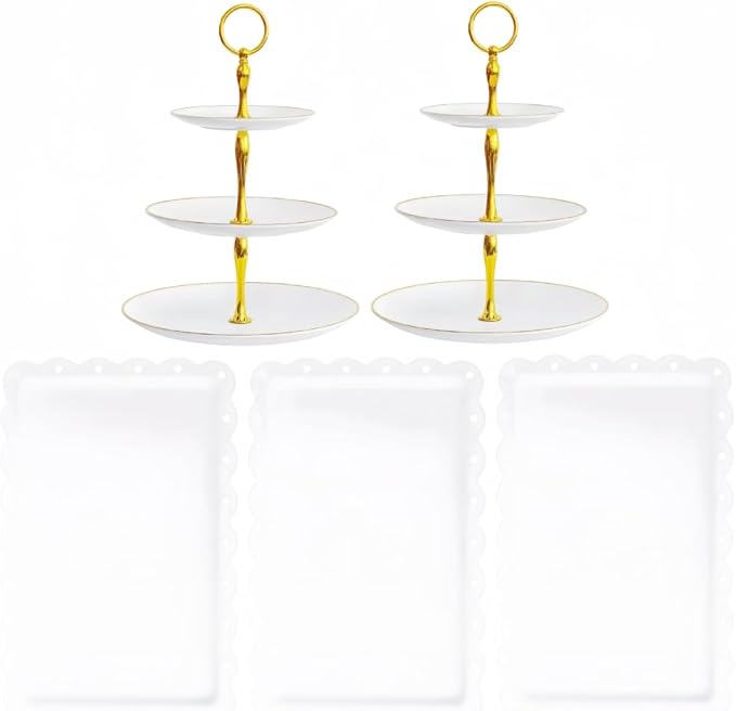5 Pcs Dessert Table Stand Set - 2x Small 3 Tier Plastic Cupcake Display Stands Cookie Tray Rack Serving Tower & 3x Trays for Wedding Baby Shower Tea Party