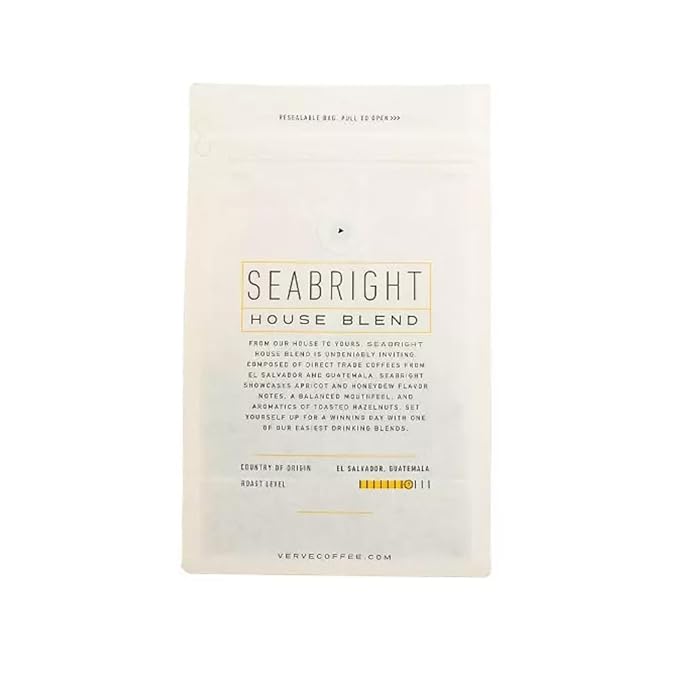 Verve Coffee Roasters Whole Bean Coffee Seabright House Blend | Medium Roast, Brewed or French Press, Direct Trade, Resealable Pouch | Enjoy Hot or Cold Brew | 12oz Bag