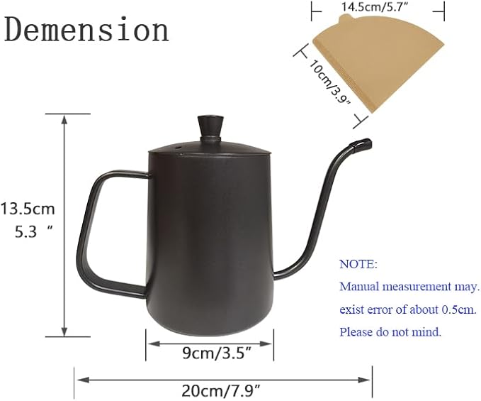 WELLLINK Pour Over Coffee Kettle 20oz 600ML, Leak Proof One-Piece 304 Stainless Steel Gooseneck Kettle with Lid, Food Grade Easy-Clean Narrow Spout & 40 Filters for Home Brewing