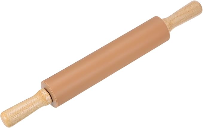 HARFINGTON Silicone Rolling Pins for Baking 16.93 Inch Non-Stick Silicone Surface Wooden Handle Rolling Pin Small Roller Playdough Rolling Pins for Fondant Kitchen Dough Pizza, Brown