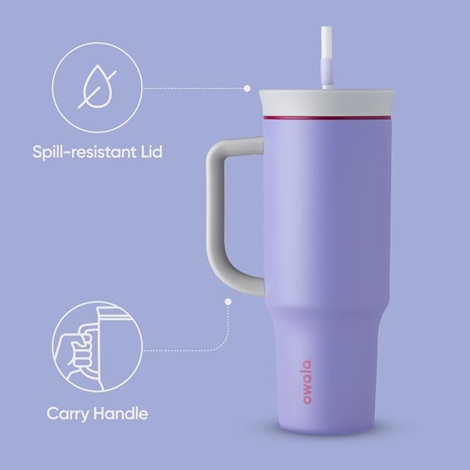 Owala Stainless Steel Triple Layer Insulated Travel Tumbler with Spill Resistant Lid, Straw, and Carry Handle, BPA Free, 40 oz, Light Purple (Whimsical Daydream) (Pack of 6)