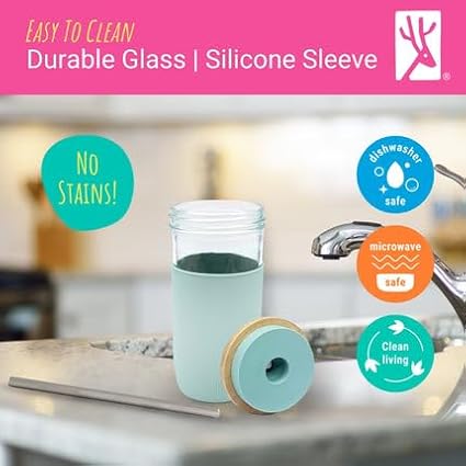Elk and Friends 24oz Glass Mason Jar – Pack of 4 | Bamboo Straw Lids + Stainless Steel Straws | Smoothie + Iced Coffee + Bubble Tea Cups | Glass Cups with Lids and Straws | Dishwasher Safe