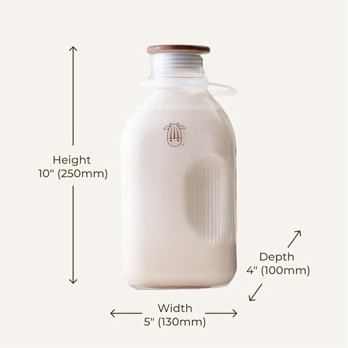 Almond Cow - Glass Pitcher with Lid and Spout, Bottle for Refrigerator, Clear Milk Jug, Food-Grade Glass Liquid Container, 60 fl oz Capacity (Pack of 8), 5 x 4 x 10 Inches