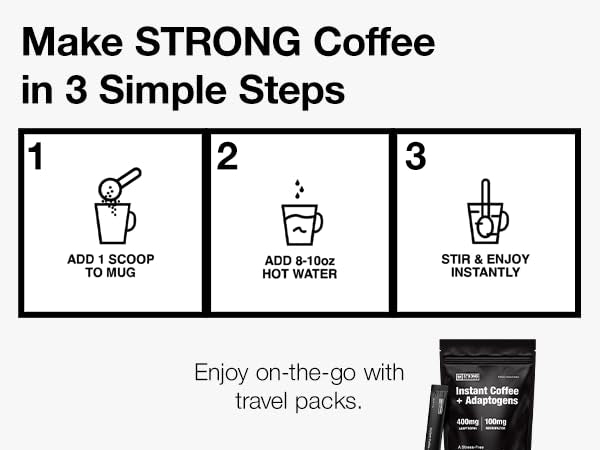STRONG COFFEE COMPANY, ORGANIC INSTANT BLACK COFFEE – Individual Servings, Extreme Focus, Adaptogen with L-Theanine & Ashwagandha, No Jitters, No Crash (10 Packets)