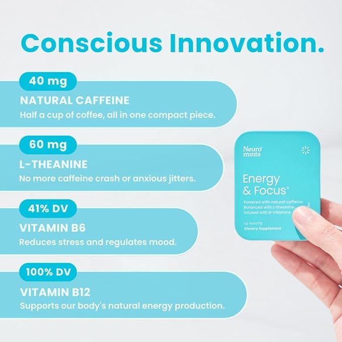 Neuro Energy & Focus Mints - Sugar Free Breath Mints with 80mg Natural Caffeine, B Vitamins & L-Theanine - Vegan Brain Supplement for Exercise, Study & Daily Focus - Peppermint, 72 ct