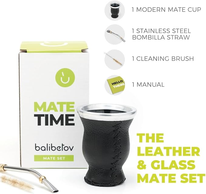 BALIBETOV Leather & Glass Yerba Mate Gourd Set (Mate Cup) with Yerba Mate Bombilla