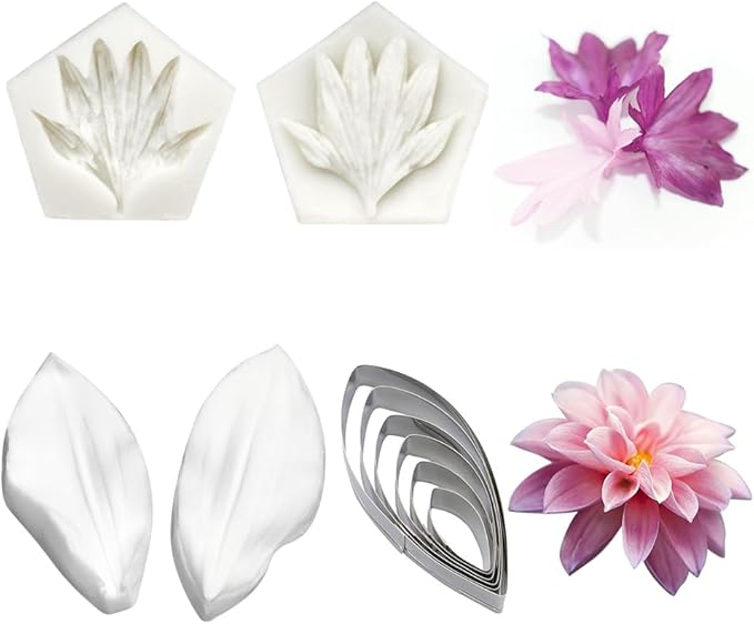 AK ART KITCHENWARE Silicone Veiner Stainless Steel Fondant Cutter Set for Gum Paste Flower Leaf Sugar Craft Tools Cake Decorating Supplies Silicone Veining Molds Moulds for Wedding with Christmas Box