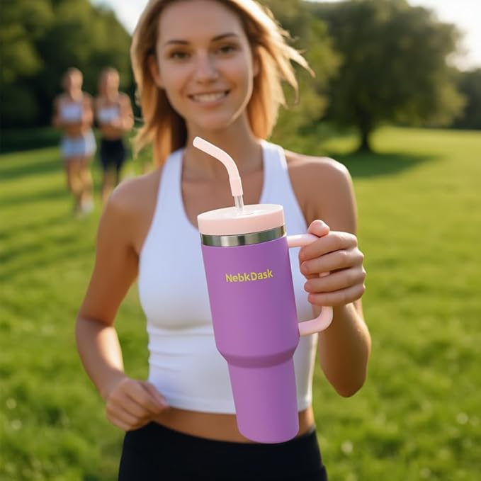40 oz Water Bottle with Handle & Straw – Insulated Stainless Steel Bottle, Leakproof, Fits in Cup Holder – Reusable Cold Drink Thermos for Women & Men (off-White)