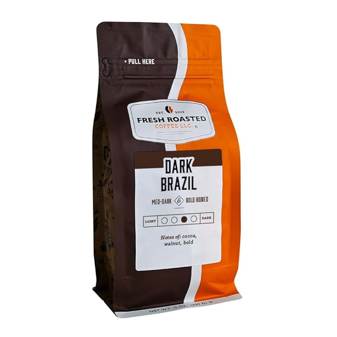 Fresh Roasted Coffee, Dark Brazil, 12 oz, Med-Dark Roast, Kosher, Ground