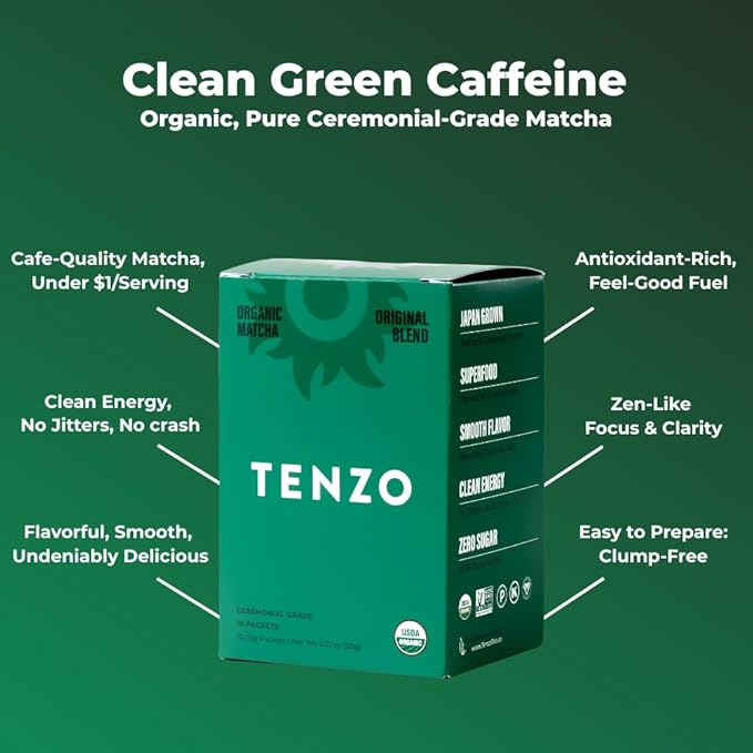 Tenzo Single Serve Matcha Green Tea Powder - Matcha Power Single Serve Sticks - Ceremonial Grade - Organic Matcha Green (10 Count)