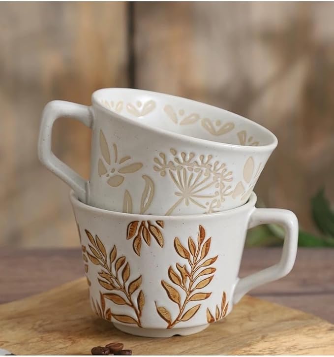 Ceramic Mug Set of 1 With Gold Spoon, 11oz - Vintage Coffee Mug, Pottery Cups for Milk, Latte, Cappuccino, Tea - Porcelain Dishwasher, Microwave Safe Stoneware 1 PCS Brown Leaf Cup