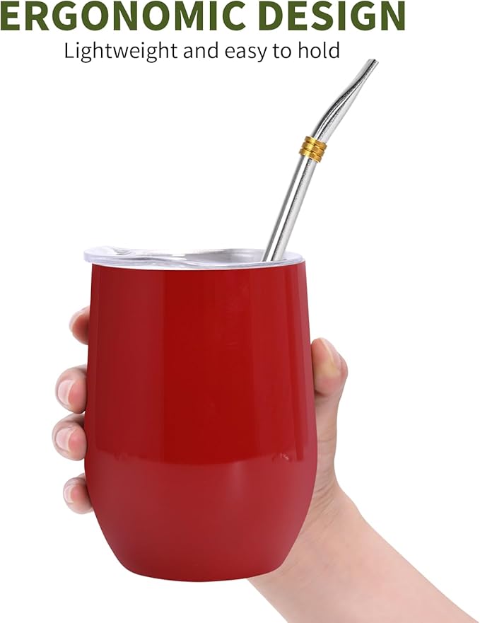 Yerba Mate Cup with Lid, 2 Bombillas, Cleaning Brush, 11.8oz Stainless Steel Double-Wall Insulated Gourd (Red)