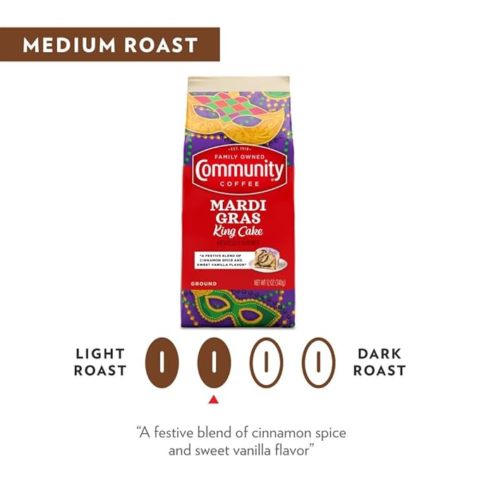 Community Coffee Mardi Gras King Cake Flavored 32 Ounces, Medium Roast Ground Coffee, 32 Ounce Bag (Pack of 1)