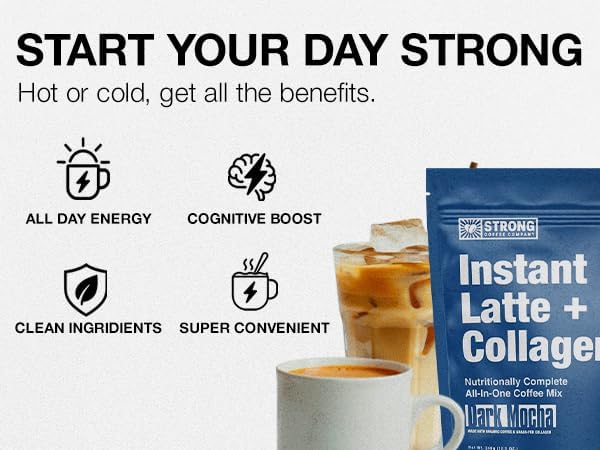 STRONG COFFEE COMPANY Instant Cacao Latte - 15g Protein, Instant Protein Coffee with Collagen, Adaptogens & Nootropics, No Crash, No Jitters, 12 Servings Bag