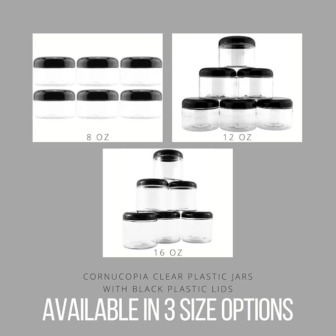 Cornucopia Brands 8oz Clear Plastic Jars w/Black Plastic Lids (6-Pack); BPA Free PET Stackable Containers for Bathroom & Kitchen Storage & Cosmetics