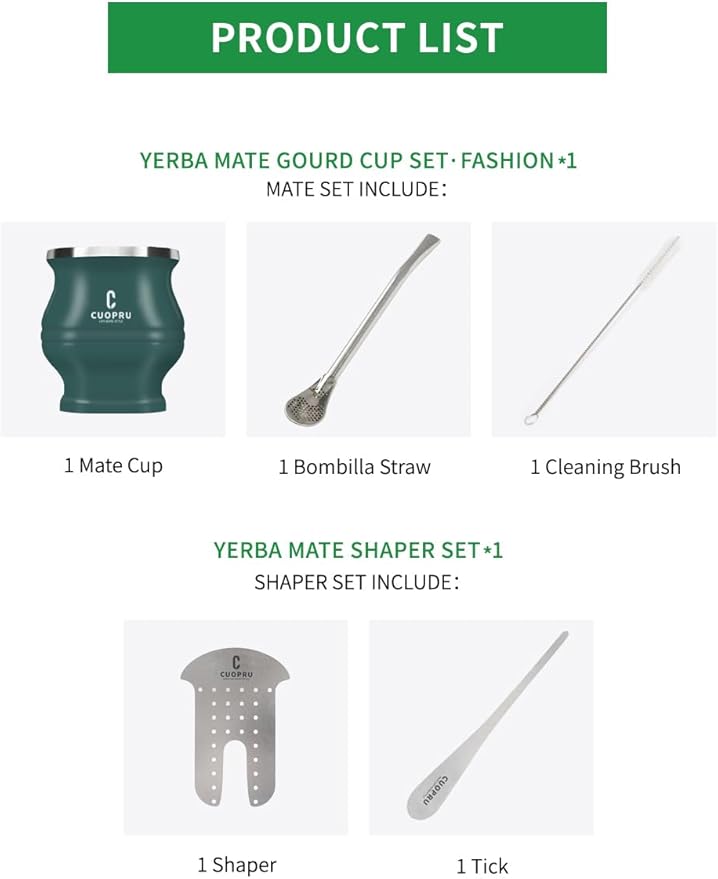 Stainless Steel Yerba Mate Cup and Set - 6.7 oz, Army Green, Modern Design