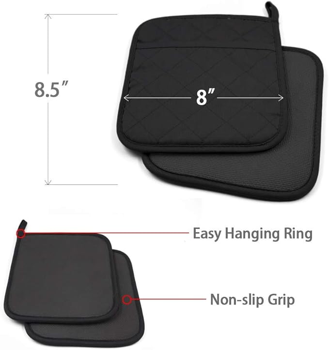 Cotton and Neoprene Oven Pads Pot Holders with Pocket 8"x8.5" Dual-Function Hot Pad Set for Finger Hand Wrist Protection Heat Resistant to 428°F Black