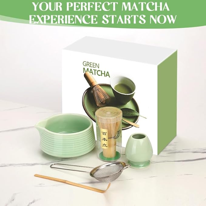 Matcha Whisk Set, Matcha Bowl with Spout, Matcha Whisk and Holder, Bamboo Scoop and Stainless Sifter - 5 Pcs Jade Green Matcha Kit for Matcha Lover