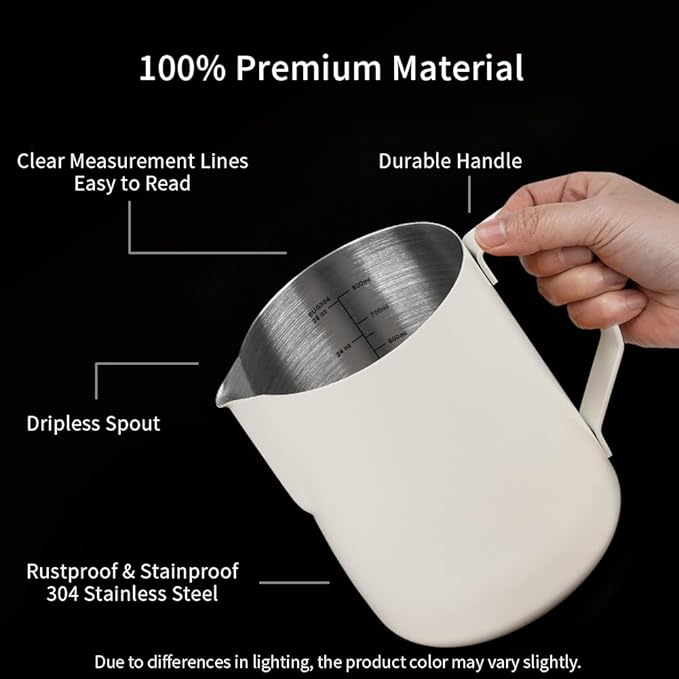 watchget Milk Frothing Pitcher 32oz/900ml - Stainless Steel Frothing Pitcher Espresso Steaming Pitcher Coffee Frother Cup Cappuccino Latte Art Coffee Machine Accessories Milk Jug, Creamy White