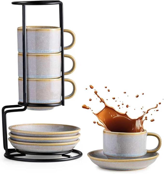 Gomakren 2.5 Ounce Espresso Cups Set of 4, Small Stackable Coffee Cups with Saucers and Metal Stand, Porcelain Demitasse Cups for Specialty Coffee Drinks, Espresso, Cappuccino, Latte, Tea, Gray