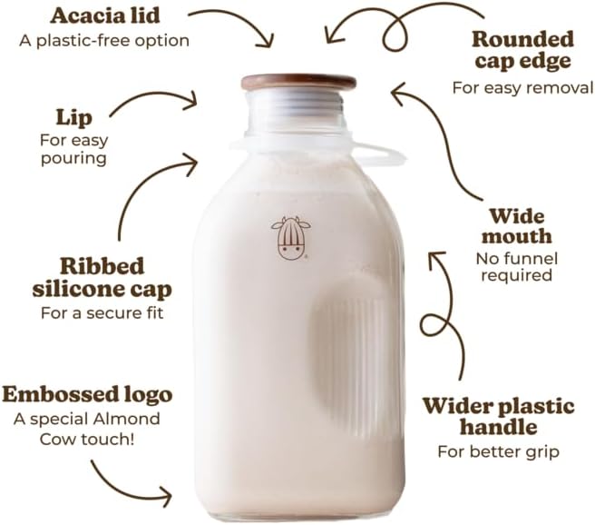 Almond Cow - Glass Pitcher with Lid and Spout, Glass Bottle Milk Container for Refrigerator, Clear Milk Jar Bottles, Food-Grade Liquid Container, 60 fl oz Capacity, 5 x 4 x 10 Inches