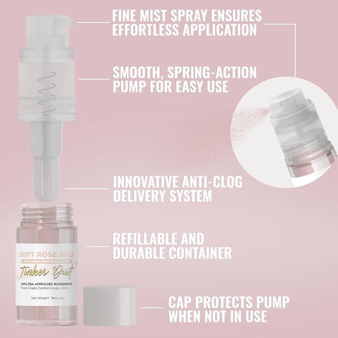 Bakell - Soft Rose Gold Tinker Dust (4g, 1x Mini Spray Pump) Edible Glitter for Food, Desserts, and Beverages!