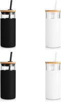 Tronco 20 oz Glass Tumbler Glass Water Bottle Straw Silicone Protective Sleeve Bamboo Lid - BPA Free - Black White/ 4 Pack