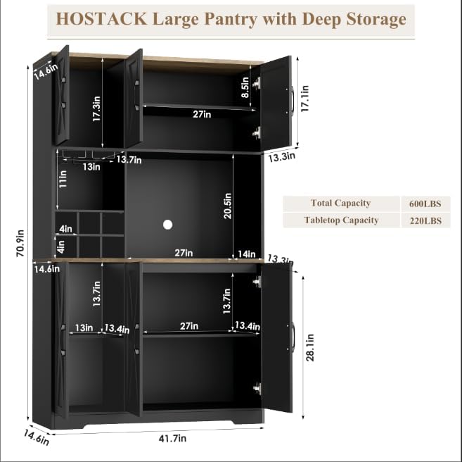 HOSTACK Kitchen Pantry Storage Cabinet, 71" Tall Food Pantry Cabinet with Microwave Stand, Farmhouse Kitchen Hutch, Coffee Bar Hutch with Wine Rack for Dining Room, Living Room, Black