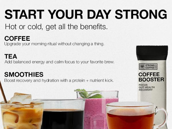 STRONG COFFEE COMPANY Coffee Booster – Collagen Coffee Protein Powder with NeuroFactor®, L-Theanine & Gut Health – 10g Protein, Electrolytes – Focus & Energy – 15 Packets