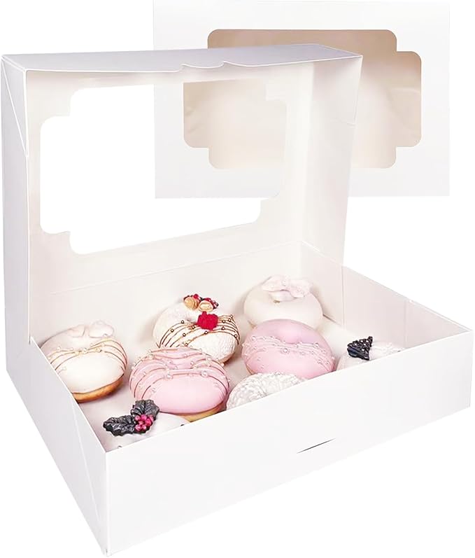 qiqee Auto-pop up 12x8x2.5 inch White Cookie Box with Window 15 Packs Two Uses One Second Folding Pastry Biscuit Bakery Box for Packaging