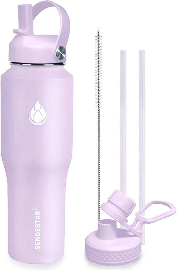 SENDESTAR 32oz Water Bottle Wide Mouth Stainless Steel Vacuum Insulated Double Wall with 2 Straw Lids Fit in Any Car Cup Holder TXIN-32-LV-1