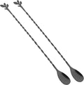 AnSaw Black 12-Inch Stainless Steel Cocktail Spoon with Leaf Handle - Perfect for Mixing & Layering Drinks in Tall Cups, Bar & Shakers - Durable Long Handle Bar Stirrer,2-Pieces