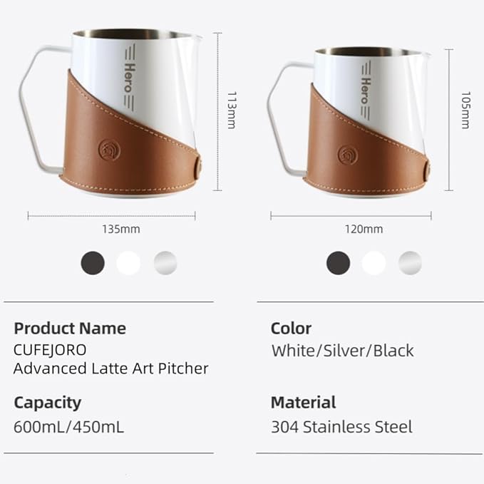 Milk Frothing Pitcher 450ml/16oz 304 Stainless Steel Espresso Steaming Pitcher with PU Leather, Milk Frothing Jug,milk frother cup,Milk Jug Cup,Premium Barista Tools,Latte Art (WHITE,16oz)