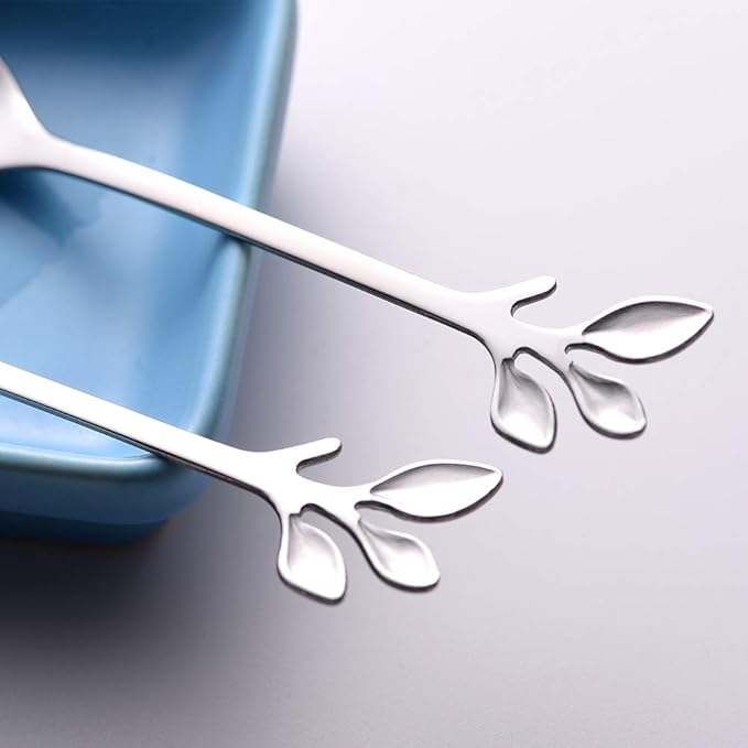 AnSaw 8-Pack Elegant Silver Leaf 4.7" Espresso Spoons - Stainless Steel, Perfect for Coffee, Demitasse, Dessert & Tea, Mini Size for Small Servings