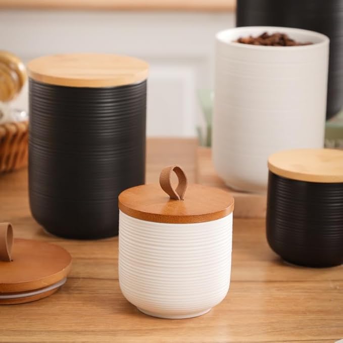 Food Storage Jar Strong Ceramic Storage Canisters with Airtight Wooden Lid,Kitchen Storage Containers for Serving Coffee Beans, Tea, Sugar, Salt, Spices (Little white)